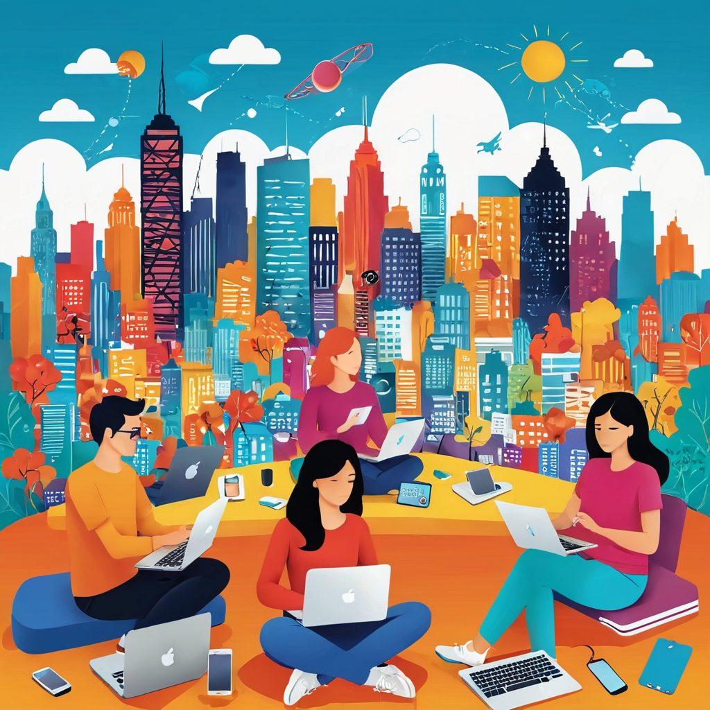 A dynamic digital illustration depicting a diverse group of adults engaging with their laptops and mobile devices, surrounded by elements representing various blog topics like travel, food, tech, and wellness. The background features a vibrant cityscape symbolizing the blogosphere, with colorful floating icons representing social media and networking. The scene conveys a sense of community, ambition, and creativity among adult bloggers. super-realistic. vibrant colors. 3D.