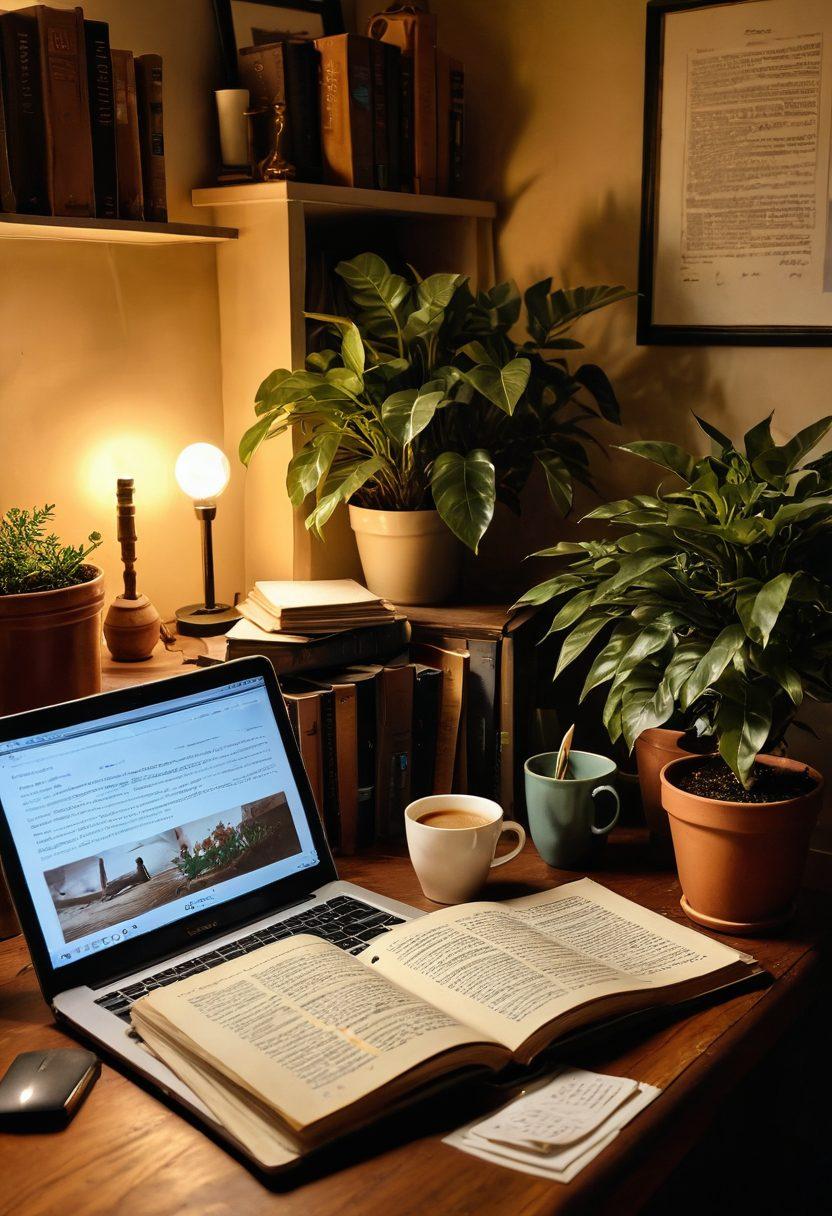 A cozy, dimly-lit writing nook filled with vintage books, a laptop open displaying a digital diary, and scattered pages of handwritten notes. A steaming cup of coffee sits next to a potted plant, with soft, warm lighting creating an inviting atmosphere. In the background, illustrations of adult themes subtly integrated into the decor. Artistic flair with a touch of elegance. super-realistic. warm tones. cozy ambiance.